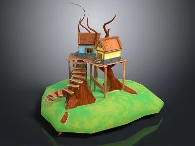Whimsical Treehouse Scene With Wooden Staircase Elevated Platform Small Huts And Branch Supports 3d model