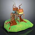 Whimsical Treehouse Scene With Wooden Staircase Elevated Platform Small Huts And Branch Supports