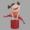 Cartoon Game Character Little Girl With Ponytails On Red Cylinder Smiling Playful Pose