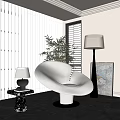 Modern Living Room With Unique Shaped Sofa White Blinds Green Plant Floor Lamp And Decor
