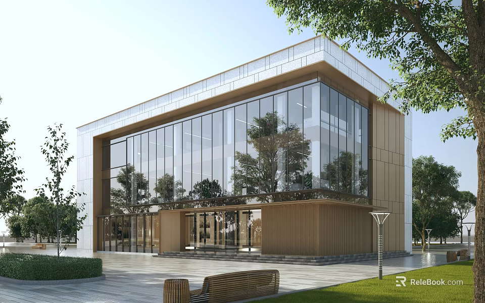 Modern Office Building with Glass Curtain Wall Wood Stone Facade Surrounded by Greenery Courtyard 3d model 