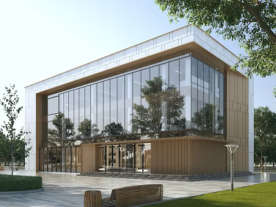 Modern Office Building with Glass Curtain Wall Wood Stone Facade Surrounded by Greenery Courtyard 3d model