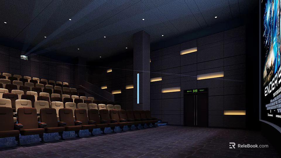 Modern Cinema Interior With Rows of Comfortable Seats Lighting and Elevator Doors 3d model 