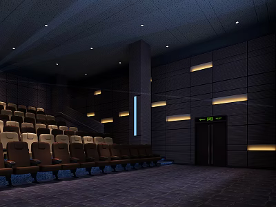 Modern Cinema Interior With Rows of Comfortable Seats Lighting and Elevator Doors 3d model