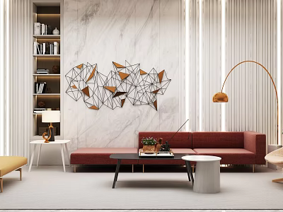 Red Sofa And Coffee Table Set With Marble Wall Geometric Art And Floor Lamp 3d model