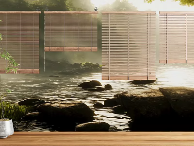 Natural Wooden Blinds In Serene Stream Landscape With Stones And Green Plants Near Wooden Table 3d model