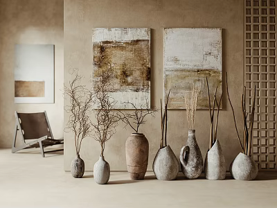 Ceramic Vessels Displayed In Neutral Toned Interior With Artworks And Dried Branches 3d model