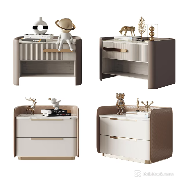 Modern Bedside Tables Design With Drawers Decorative Figurines And White Brown Finishes 3d model 