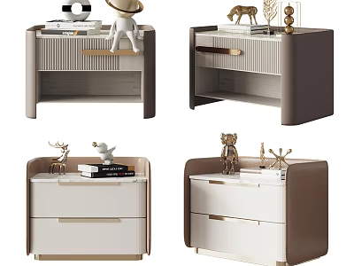 Modern Bedside Tables Design With Drawers Decorative Figurines And White Brown Finishes 3d model