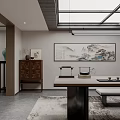 Traditional Tea Room Interior Design With Wooden Bookshelves Stone Wall Skylight Green Plants And Hanging Painting