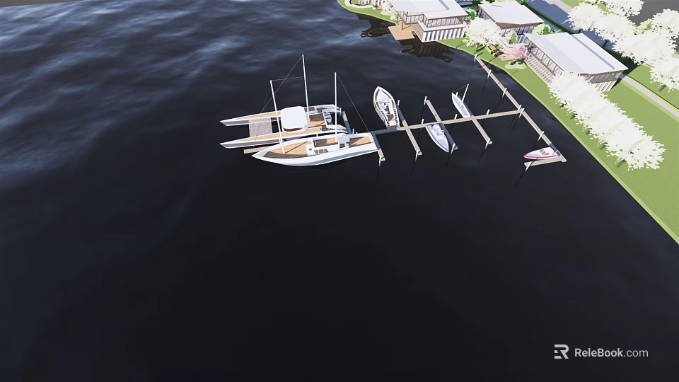 Scenic Marina Dock With Moored Boats And Coastal Houses On Calm Water 3d model 
