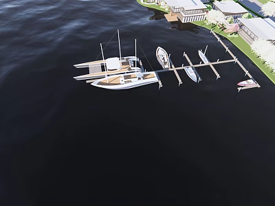 Scenic Marina Dock With Moored Boats And Coastal Houses On Calm Water 3d model