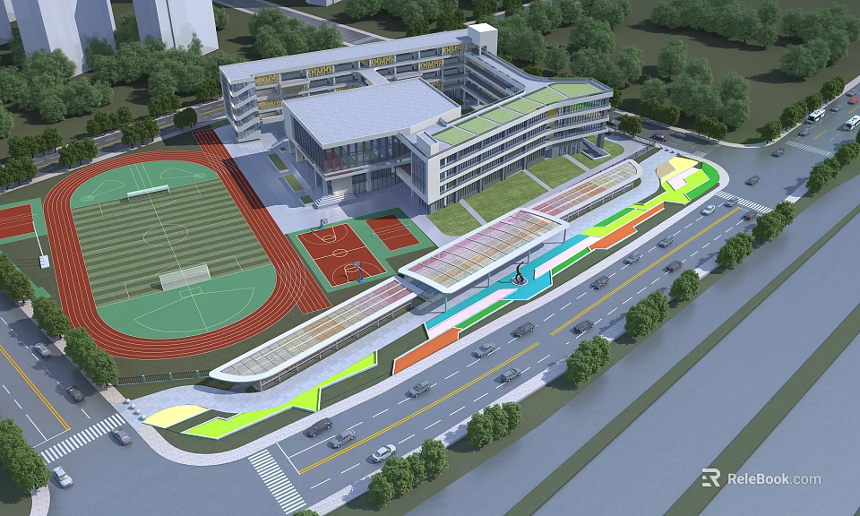 Modern School Building Design With Playground Track Field Connecting Walkway and Greenery 3d model 
