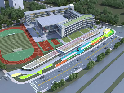 Modern School Building Design With Playground Track Field Connecting Walkway and Greenery 3d model