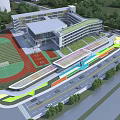 Modern School Building Design With Playground Track Field Connecting Walkway and Greenery