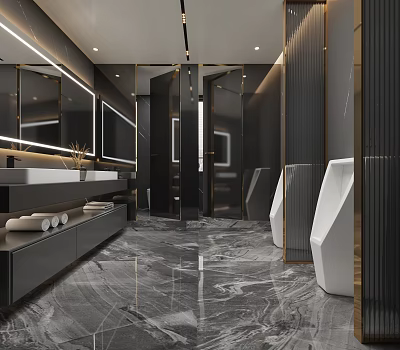 Modern Public Restroom With Marble Floor And Fixtures 3d model