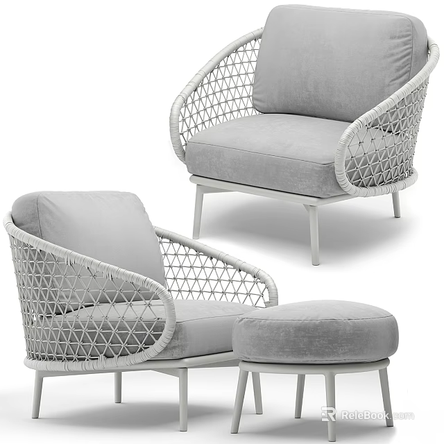 Stylish Modern Woven Accent Chair With Padded Seat Metal Frame And Ottoman 3d model 