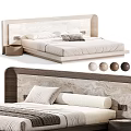 Modern Double Bed With Wooden Frame Marble Texture Headboard Round Nightstand And Color Options
