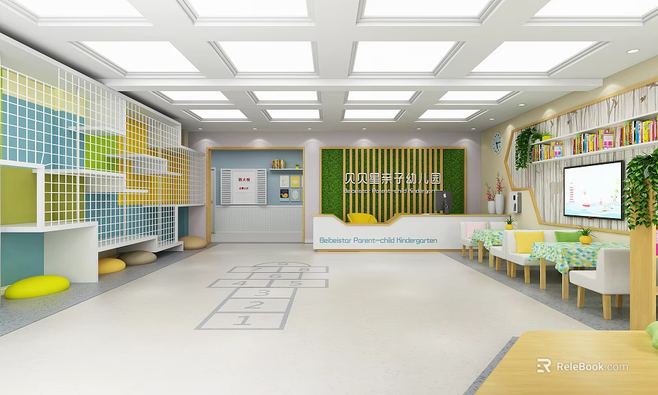 Bright Kindergarten Interior With Colorful Decor Green Plant Wall Number Grid And Kids Tables 3d model 