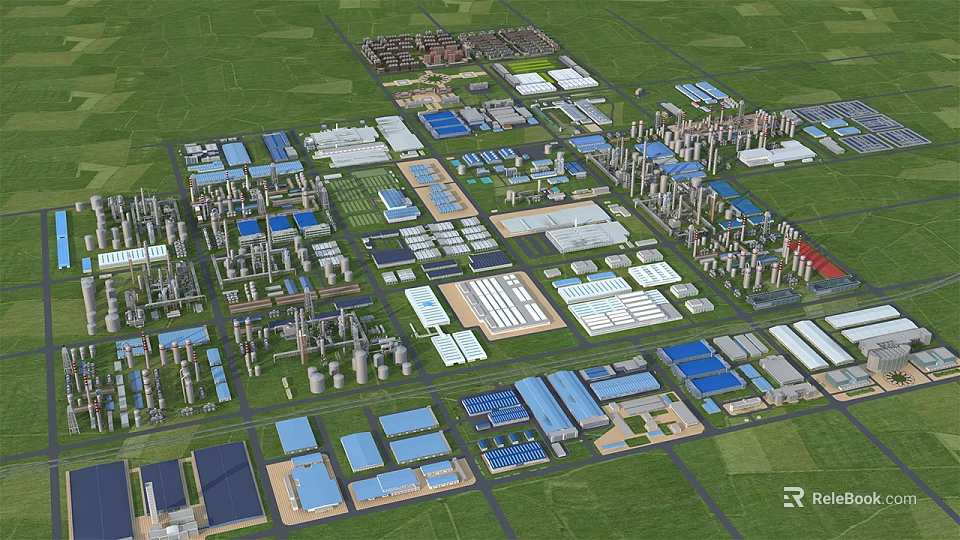 Aerial View of Industrial Factory Layout with Buildings Facilities and Green Areas 3d model 