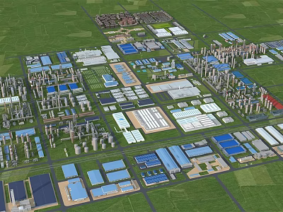 Aerial View of Industrial Factory Layout with Buildings Facilities and Green Areas 3d model