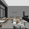 Modern Café Interior With Large Windows Gray Walls Wall Text Round Tables And Bar Counter