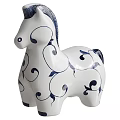 Ceramic Horse Figurine with White Body Blue Swirl Patterns and Leaf Designs