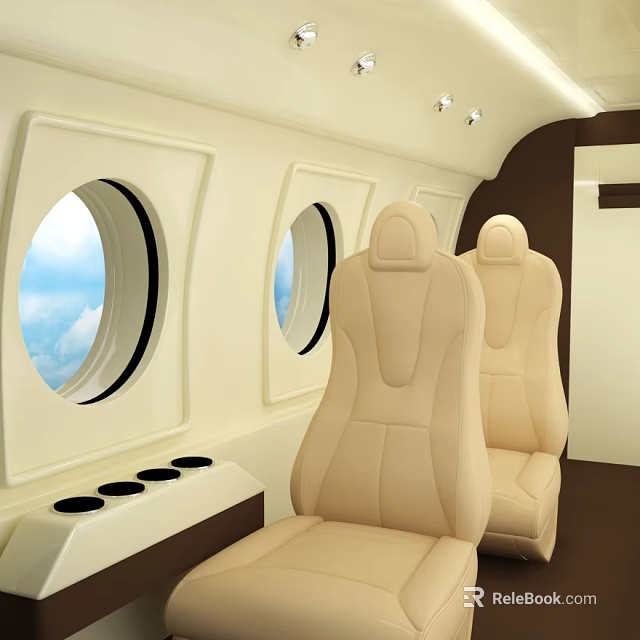 Aircraft Interior With Beige Seats Round Windows And Blue Sky View 3d model 