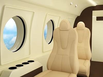 Aircraft Interior With Beige Seats Round Windows And Blue Sky View 3d model