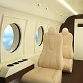 Aircraft Interior With Beige Seats Round Windows And Blue Sky View