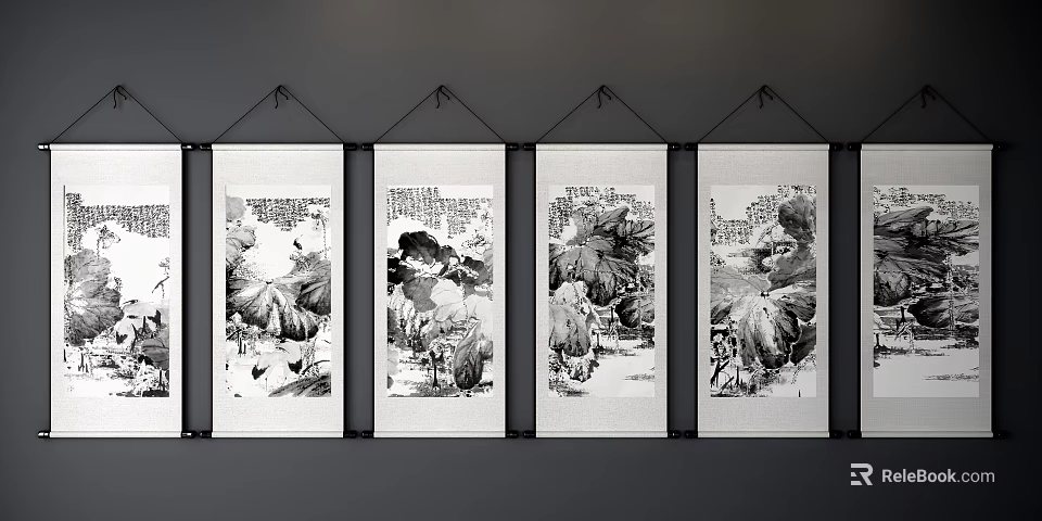 Traditional Chinese Landscape Paintings Four Scroll Artworks Hanging On Wall Black And White Ink Style 3d model 