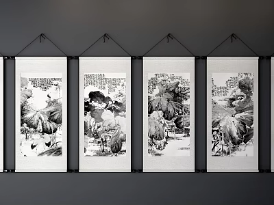 Traditional Chinese Landscape Paintings Four Scroll Artworks Hanging On Wall Black And White Ink Style 3d model