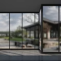 Contemporary Living Dining Room Interior With Expansive Glass Windows And Scenic Chinese Courtyard