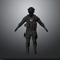Tactical Operator Wearing Black Uniform With Helmet And Body Armor Equipment