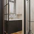 Bright Modern Bathroom With Frosted Shower Partition And Elegant Floral Printed Bath Curtain Design