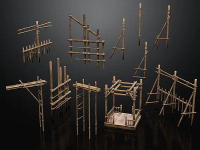 Bamboo Scaffolding Components Featuring Various Structural Frames Ladders And Platforms 3d model