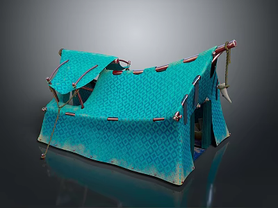 Blue Patterned Tent Structure With Open Flap Support Poles And Ropes 3d model