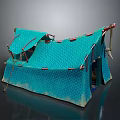 Blue Patterned Tent Structure With Open Flap Support Poles And Ropes