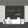 Modern Reception Desk With Wooden Slat Backdrop Marble Countertop Computers Pendant Lights And LOGO Sign