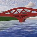 Modern Landscape Bridge With Brown Structure Over Blue Water And Green Grass Banks