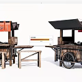 Vintage Wooden Functional Cart For Outdoor Food Stall With Awning And Tables