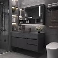 Modern Bathroom Vanity With Gray Countertop LED Mirror Cabinet And Fresh Flowers