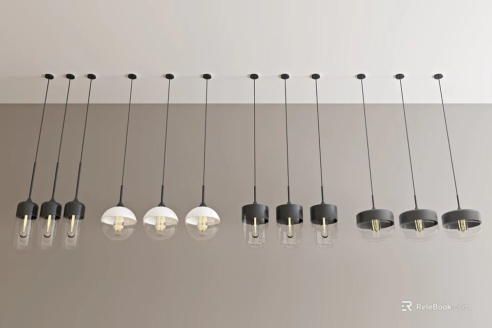Modern Black And White Pendant Lights Hanging From Ceiling With Metal Frames 3d model