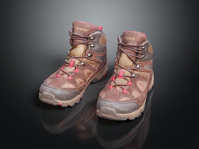 Brown Hiking Shoes With Red Accents Laces And Non Slip Rubber Soles For Outdoor Activities 3d model