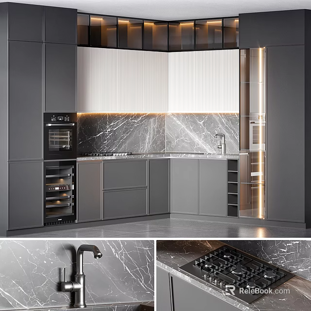 Modern Kitchen Interior Design With Marble Backsplash Countertop Cabinets And Appliances 3d model 
