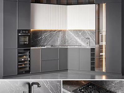 Modern Kitchen Interior Design With Marble Backsplash Countertop Cabinets And Appliances 3d model