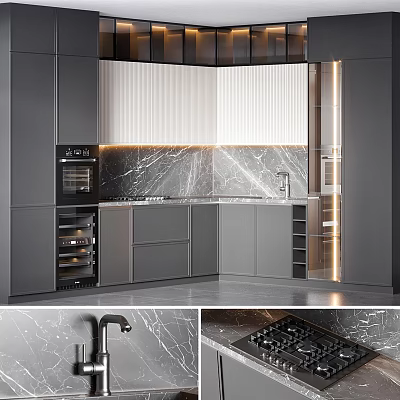 Modern Kitchen Interior Design With Marble Backsplash Countertop Cabinets And Appliances 3d model