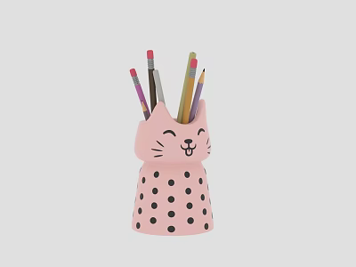 Pink Cat Shaped Pencil Holder With Black Polka Dots And Colored Pencils 3d model