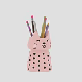 Pink Cat Shaped Pencil Holder With Black Polka Dots And Colored Pencils