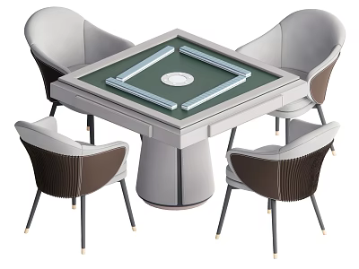 Square Mahjong Table With Green Surface Round Center And Four Modern Gray Brown Chairs 3d model